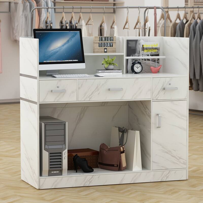 3-Drawer Solid Wood Reception Desk Office Computer Desk - White