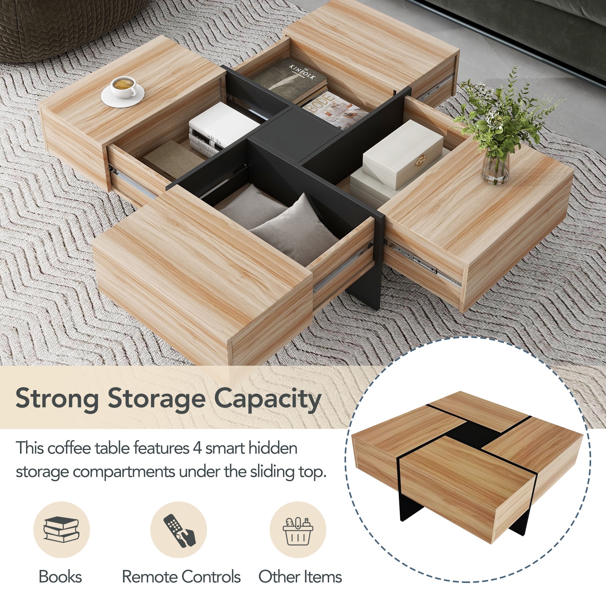 Coffee Table with 4 Storage Compartments Extendable Sliding Tabletop