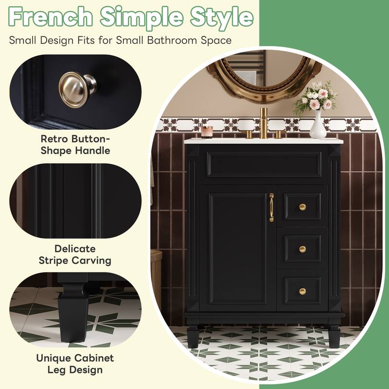 24" Bathroom Vanity with Ceramic Sink Bathroom Storage Cabinet with 2 Drawers and Adjustable Shelf