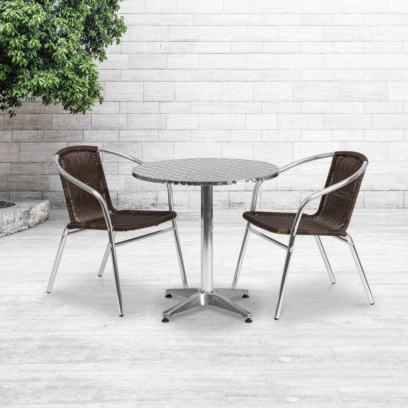 27.5'' Round Aluminum Indoor-Outdoor Table Set with 2 Rattan Chairs - 27.5"W x 27.5"D x 27.5"H - 27.5"W x 27.5"D x 27.5"H - Aluminum