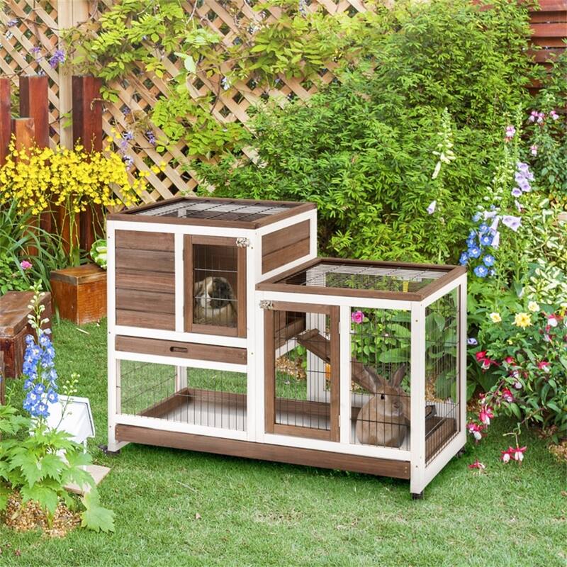 Medium Fir Wood Bunny Hutch with Wheels Pull Out Trays and Spacious Run for Indoor and Outdoor Use