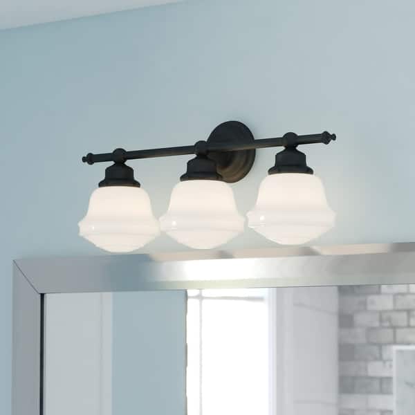 slide 2 of 10, Huntley 3-Light 24 in. W Oil Rubbed Bronze Bathroom Vanity Lighting Fixture, White Schoolhouse Milk Glass Globe Shade, Dimmable 24-in W x 10-in H x 7-in D - Oil Rubbed Bronze