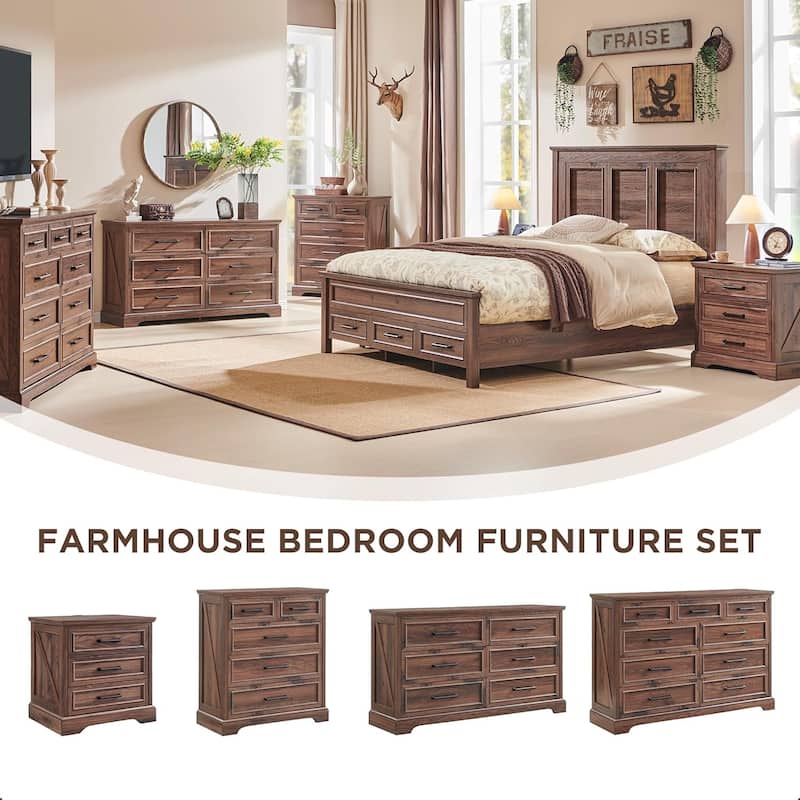 Farmhouse 3-Drawer Nightstand, Wide End Table with Charging Station