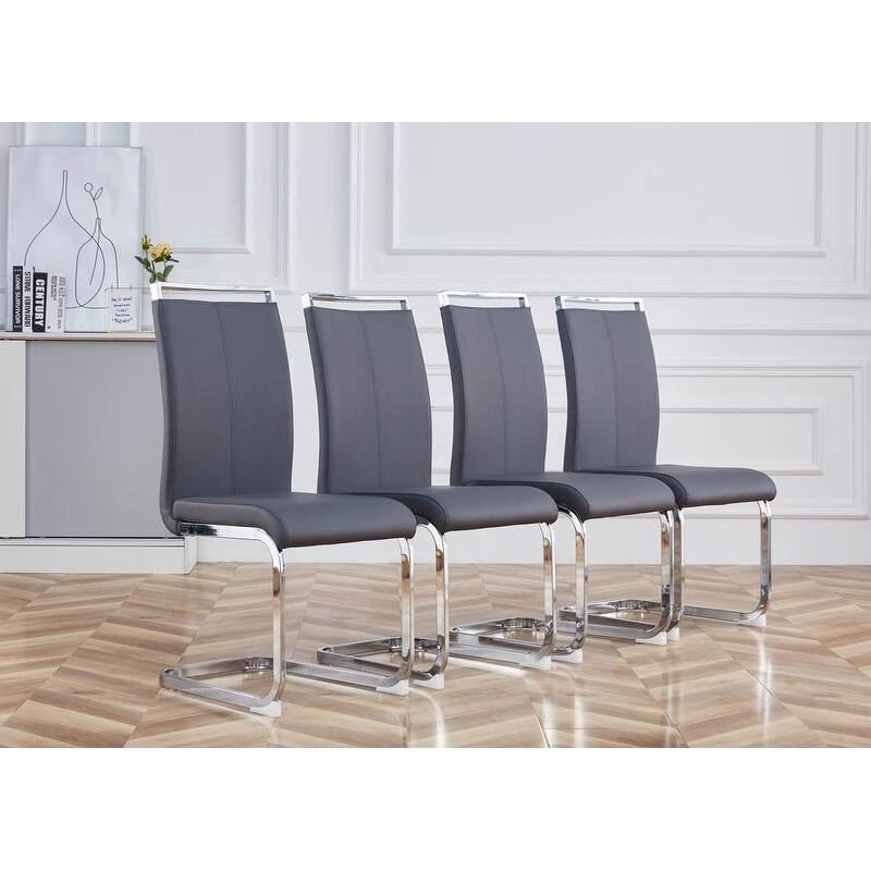 Modern PU Faux Leather High Back Dining Chairs with C-shaped Tube Chrome Metal Legs for Multiple Rooms - Grey-1
