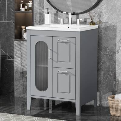 24" Bathroom Vanity with Sink, Free Standing Single Ceramic Basin Vanity Set Bathroom Cabinet with 2 Drawers & Glass Door, Grey