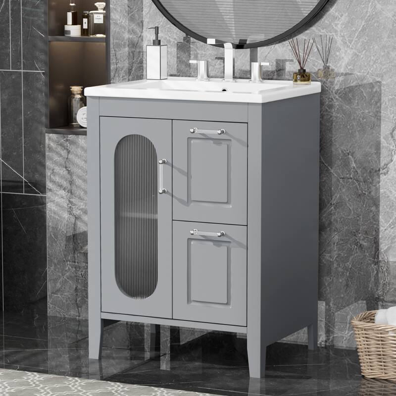 Roomfitters 24" Bathroom Vanity with Sink, Solid Wood Frame & Moru Glass Door, 2 Drawers & Adjustable Shelf - Grey