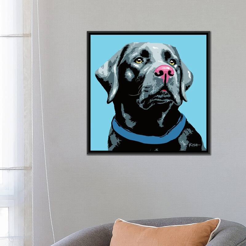 iCanvas "Black Lab Blue Woofhol" by Gretchen Kish Serrano Framed Canvas Print