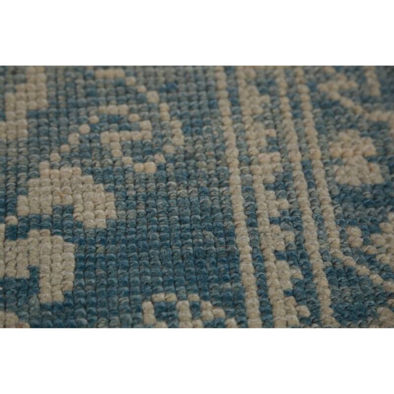 Hand Knotted Oriental 100% Wool Carpet Transitional Geometric Navy Blue & Blues Oushak Runner Rug - 14' 2'' X 3' 1''