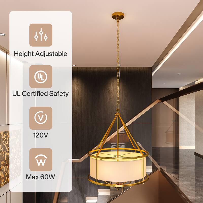 24-Inch Modern Luxury Drum Pendant Light with Adjustable Chain, Fabric Chandelier
