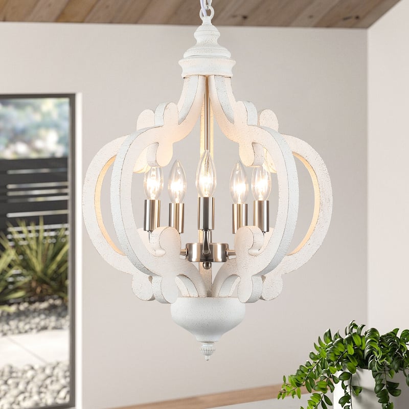 5-Light Country Wood Chandelier Light Fixture for Kitchen Island Dining Room - Retro White+Sandnickel