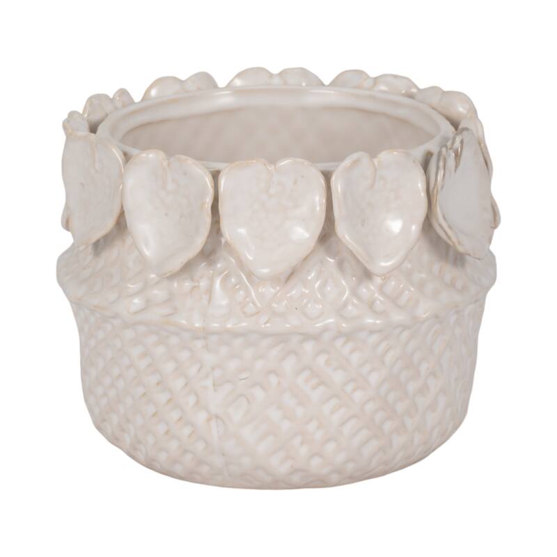 Stoneware Planter with Sculpted Leaf Accents and Textured Detailing