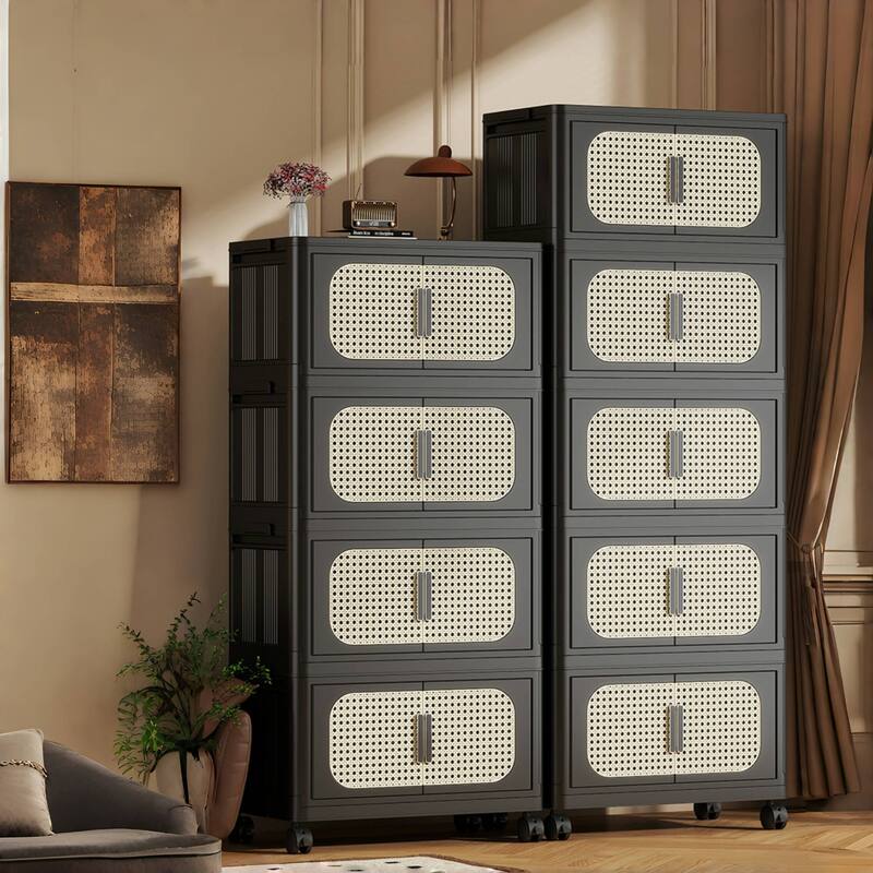 4-Tier Retro Black 20" Side Wide Folding Storage Cabinet
