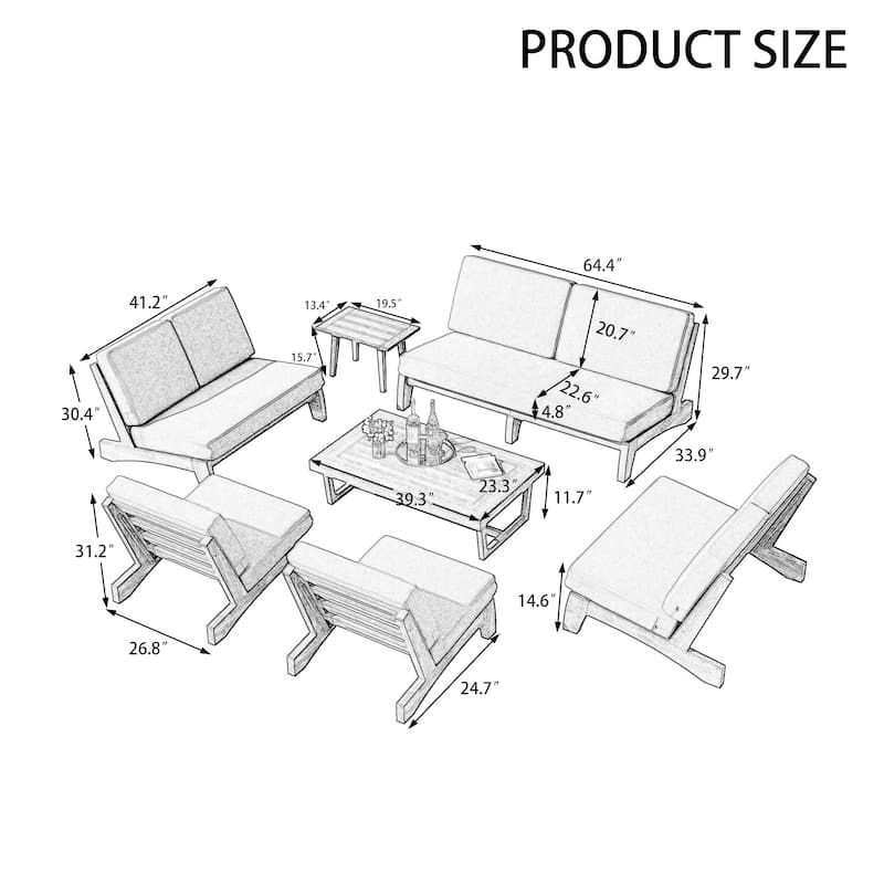 Casual Teak Wood Large 7-Piece Outdoor Patio Conversation Set