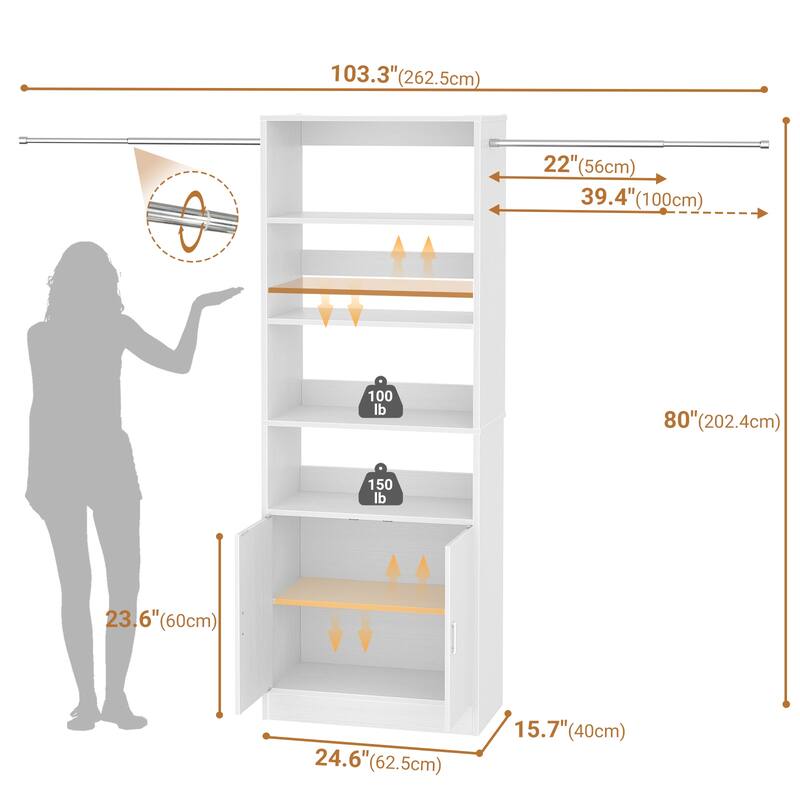 Rackcog 25'' - 104'' W Closet Organizer with Expandable Hanging Rods, Cabinet, Adjustable Shelves