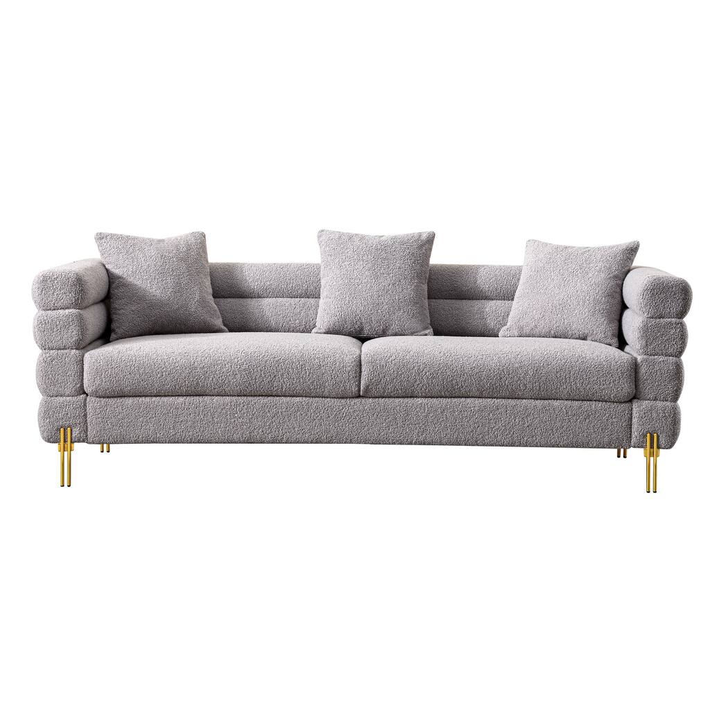 Gray Fabric Upholstered Sofa with Golden Legs and Pillows for 3 People