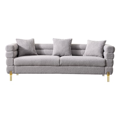 Gray Fabric Upholstered Sofa with Golden Legs and Pillows for 3 People