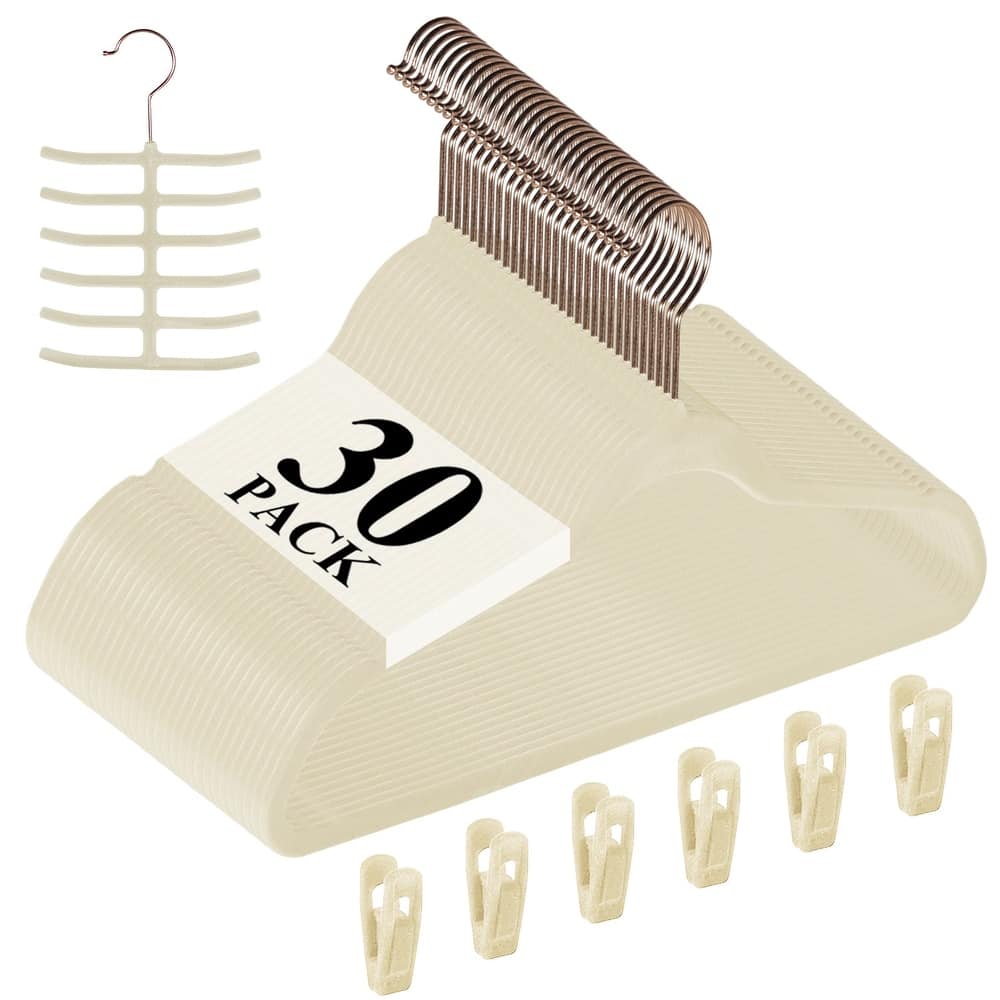 VECELO Mackaylee Velvet Hangers, Non Slip Standard Clothes Hanger Set, Heavy Duty Ivory Hangers(30/50/60/100 Pack)
