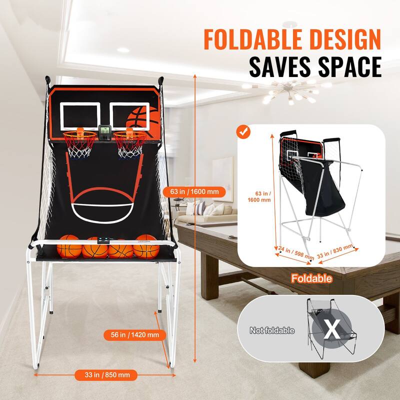 Black-White Steel Basketball Arcade Game with Dual Hoops and 8 Game Modes - 56” L x 33” W x 63” H