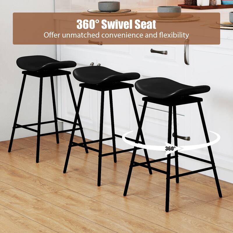 Backless Swivel Bar Stools with Saddle Faux Leather Seat 28 Inch Metal Frame Counter Height Chairs - 17" x 18" x 28" (L x W x H)
