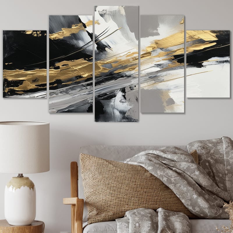 Designart "Golden River Wildness Abstract Gold And Black" Abstract Multipanel Canvas Wall Art set - 60 In. Wide X 32 In. High - 5 Panels Diamond Shape