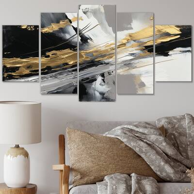 Designart "Golden River Wildness Abstract Gold And Black" Abstract Multipanel Canvas Wall Art set