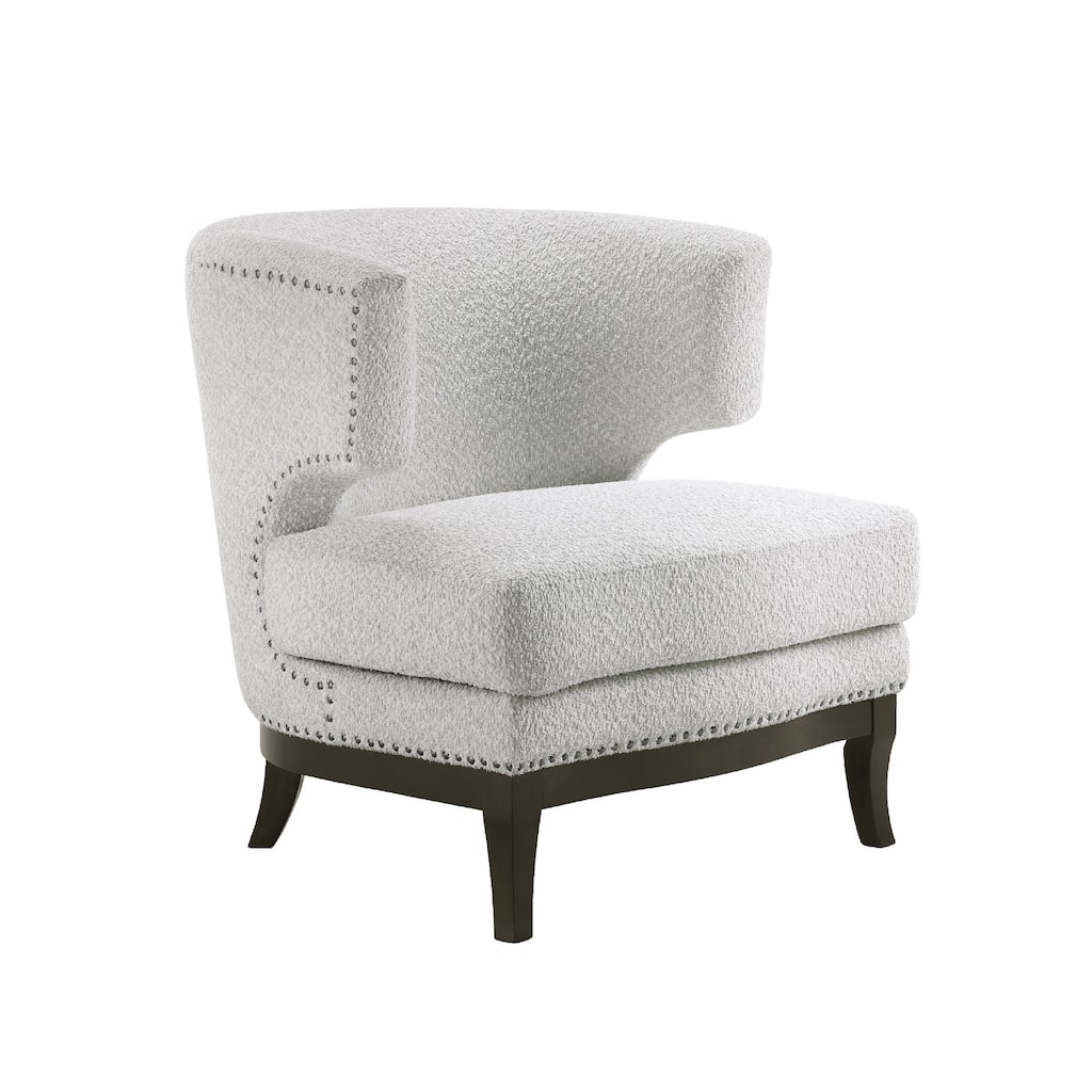 Elly Accent Chair, Barrel Back, Gray Boucle w Nailheads, Brown Wood