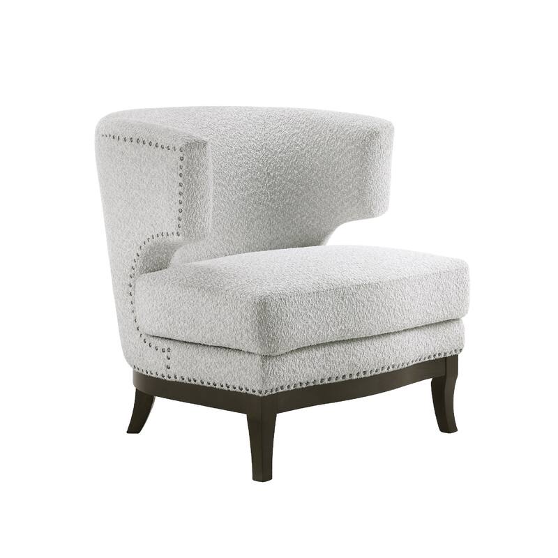 Elly Accent Chair, Barrel Back, Gray Boucle w Nailheads, Brown Wood