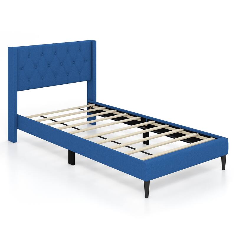 Upholstered Platform Bed with Button Tufted Wingback Headboard - Blue - Twin