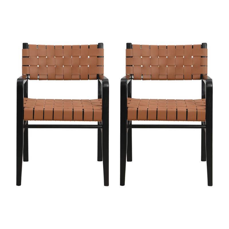 Prosen Morden Woven Leather Rubberwood Dining Chairs With Arms (Set of 2) by Christopher Knight Home