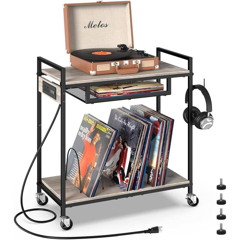 2 Tier Vinyl Record Player Table Stand with Charging Station - Grey
