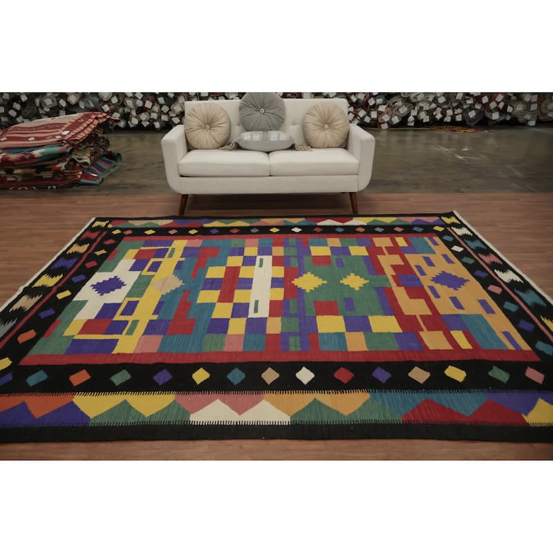 Hand Woven Oriental 100% Wool Carpet Southwestern Modern Multi-Colored Kilim Area Rug - 9' 8'' X 7' 11''
