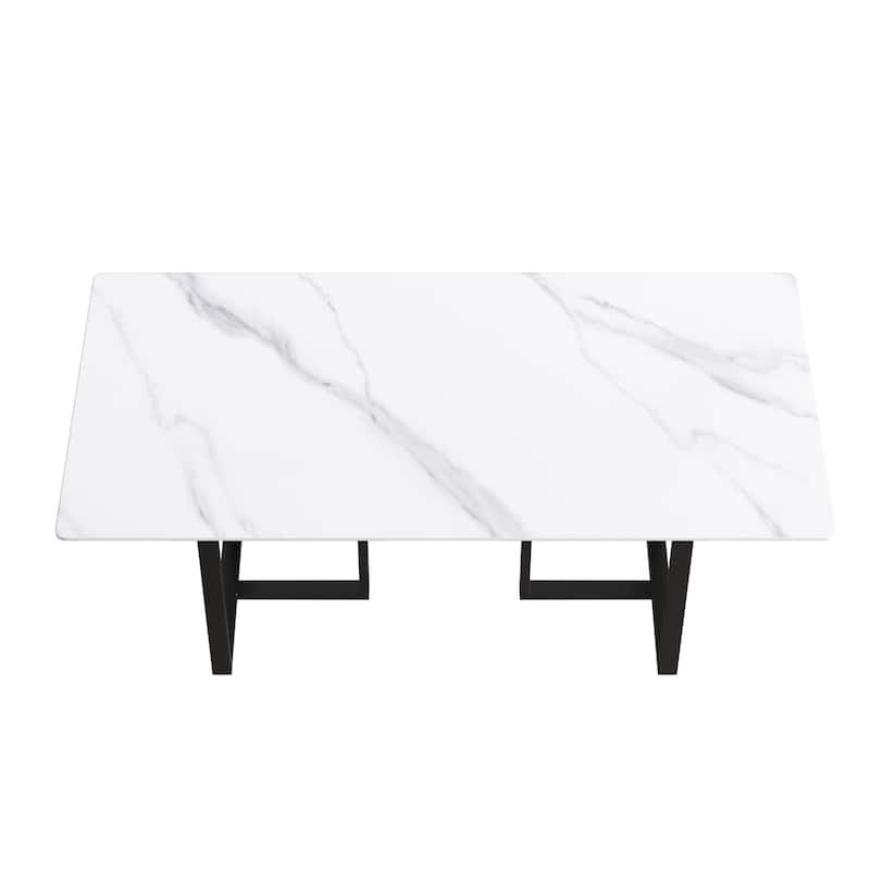 71" White Marble Dining Table for 6-8,Rectangular Tabletop and Triangular Carbon Steel Legs