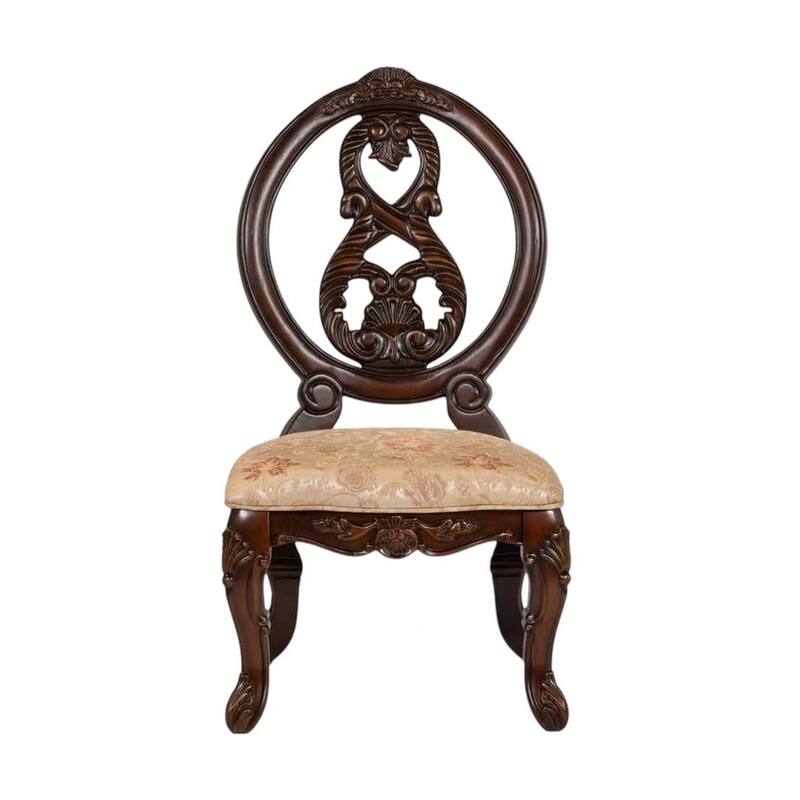 23 Inch Carved Dining Chair, Set of 2, Cabriole Legs, Tan Fabric Seating