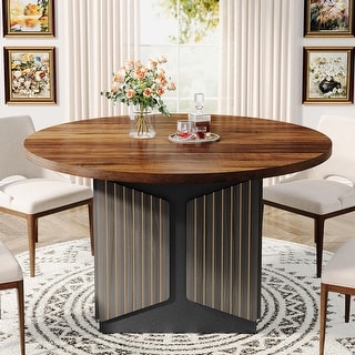 47 Inch Round Dining Table, Farmhouse Fluted Dining Kitchen Table, Modern Wood Small Circle Dining Table For Kitchen Living Room, Natural - Tables