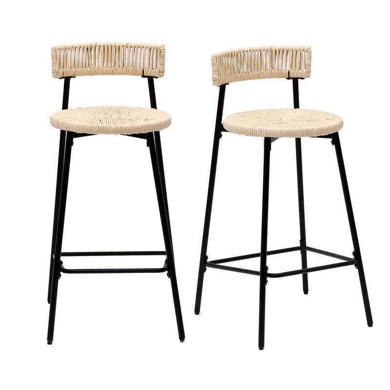 Counter Stools Set Of 2 Handwoven Paper Rope Bar Stools Boho Round Dining Pub Chairs For Kitchen