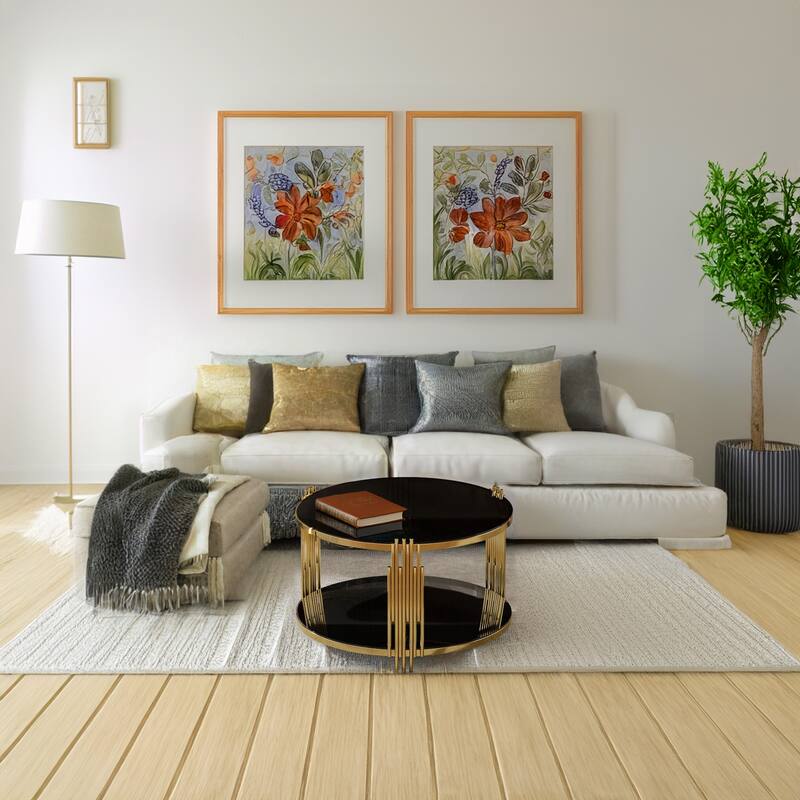 Modern Mirror Coffee Table, Asymmetrical Metal, Circular Metal Drum Base, Gold Finish & Lower Shelf