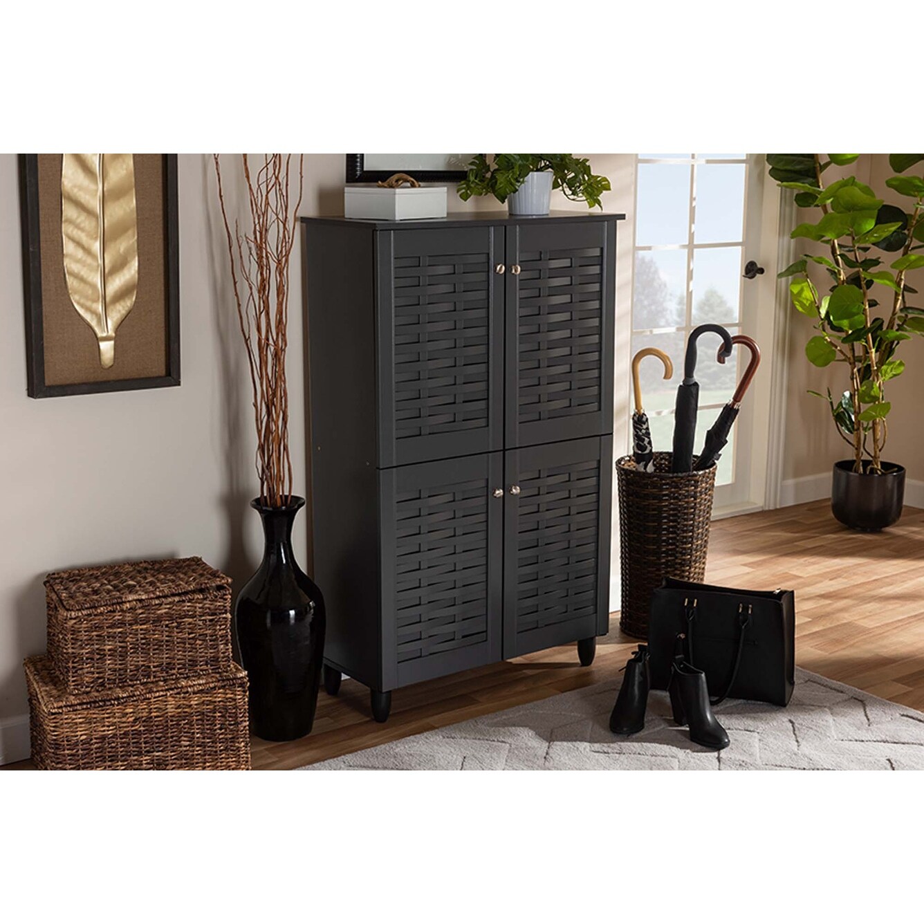 Acadia Dark Gray 4 Door Wooden Entryway Shoe Storage Cabinet Grey Overstock 31490608 Semplice e moderno dimensioni 2 porte: acadia dark gray 4 door wooden entryway shoe storage cabinet grey