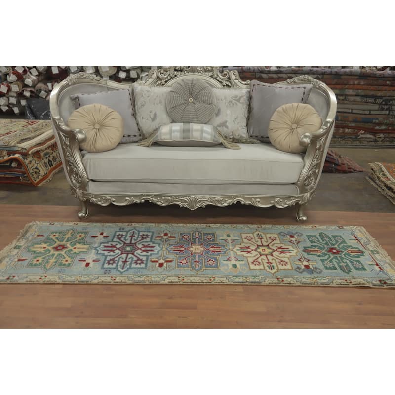Hand-knotted Traditional Wool Blue Geometric Oriental Area Rug - 7' 10'' X 2' 7''