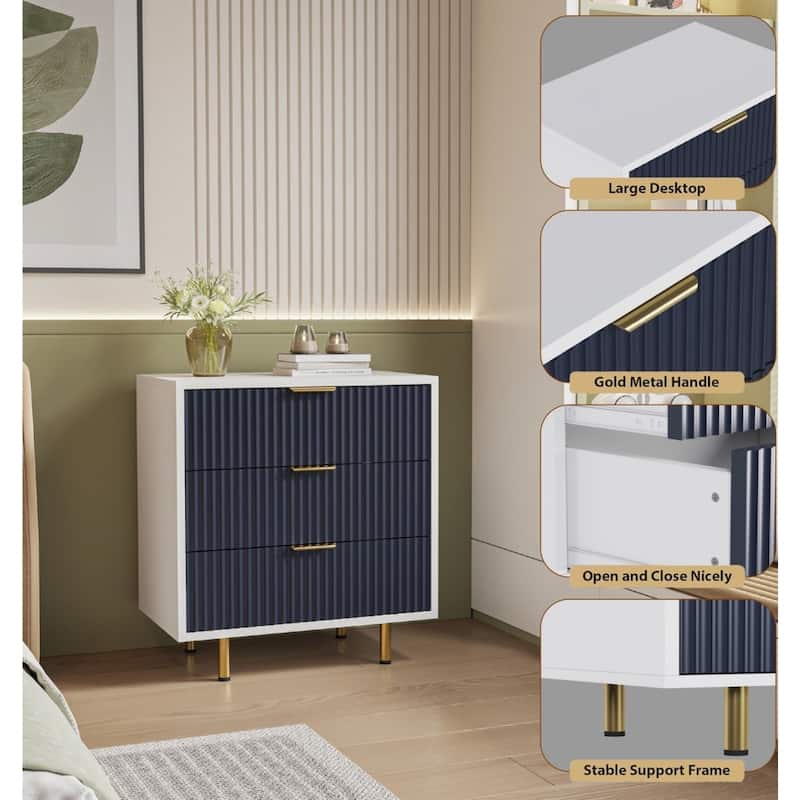 3 Drawer Dresser, Fluted Modern Nightstand with Deep Drawers, Chest of Drawers with Wide Top, Wooden Dresser Organizer