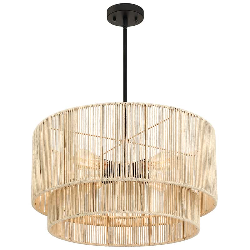 4-Light Rattan Tiered Drum Chandelier Light with Black Canopy - 22'' W