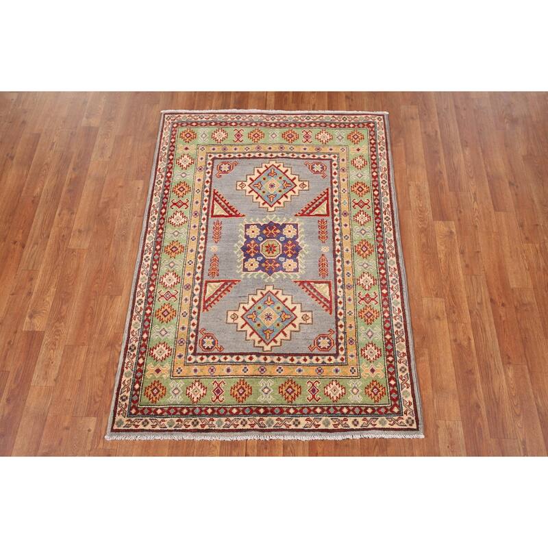 Geometric Grey Kazak Foyer Rug Hand-Knotted Wool Carpet - 3'5" x 4'10"