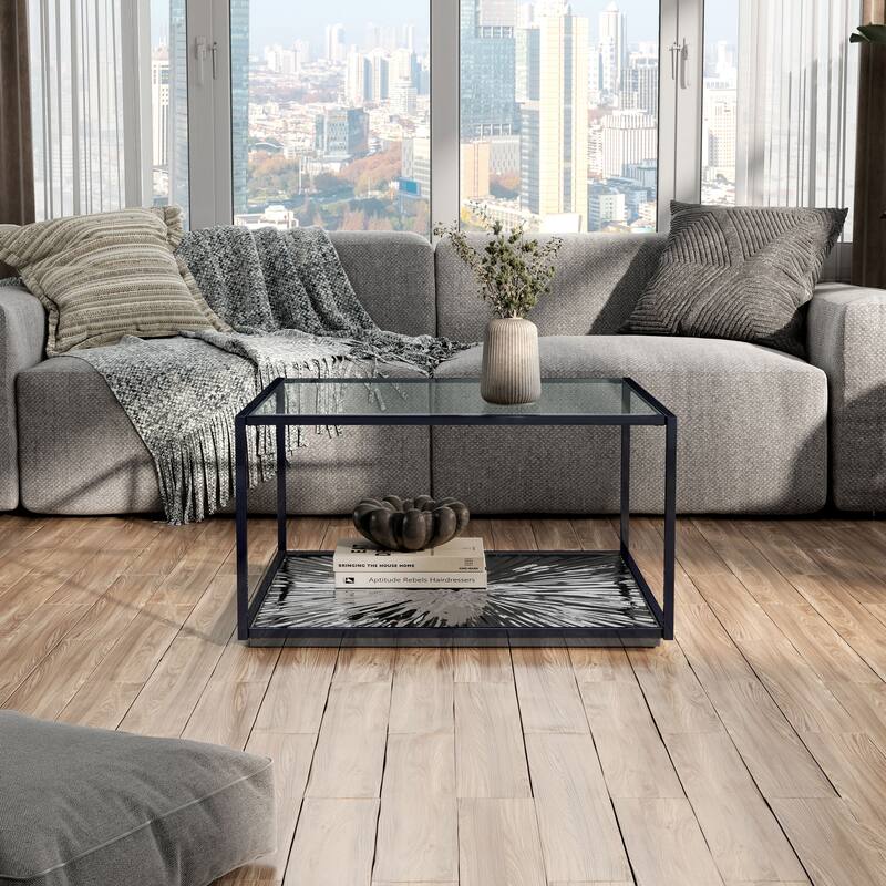 247 Shop At Home Aureum Modern 1-Shelf Coffee Table with Sunburst Base and Tempered Glass Top