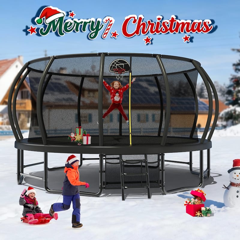 16FT Outdoor Trampoline for Kids and Adults, Pumpkin Trampolines with Curved Poles,Heavy Duty Trampoline