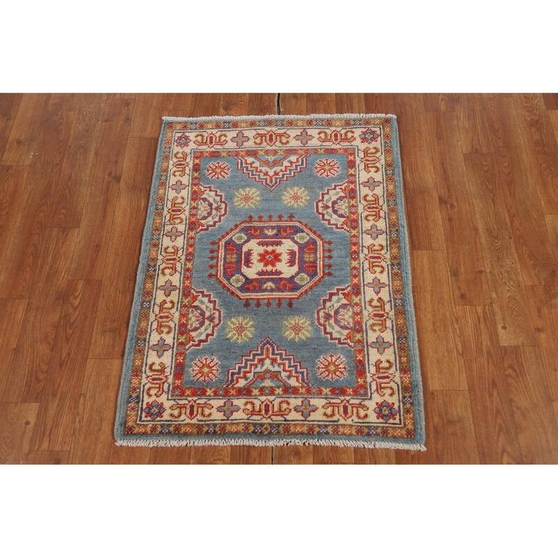 Light Blue Kazak Foyer Rug Hand-Knotted Wool Carpet - 2'0" x 3'0"