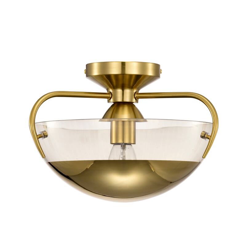 Vexa Brass Semi-Flush Mount Ceiling Lamp with Glass Bowl Shade Metal Bottom Cap - Brass-Gold