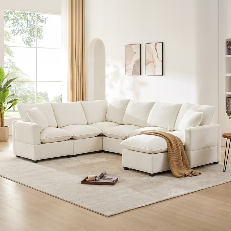 Modern Chenille Multi-Seat Sectional Sofa - 7 Seat - White