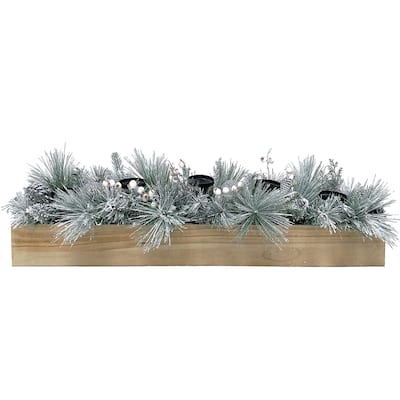 Fraser Hill Farm 42-inch 5-Candle Holder Centerpiece with Frosted Pine Branches, White Berries and Ornament Balls in Wooden Box