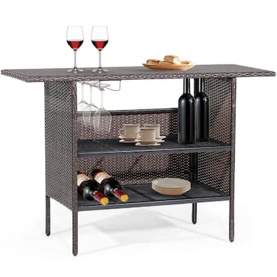 Costway Patio Rattan Wicker Bar Height Counter Table Storage Shelf