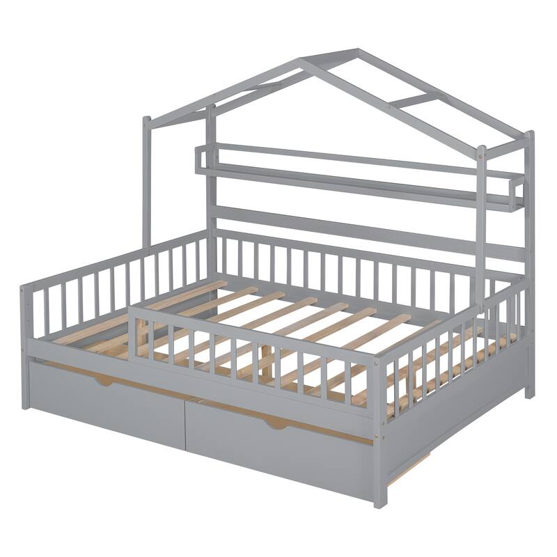 Pinewood House Bed with Roof, 2 Drawers, and Shelf, Full-Length Guardrails