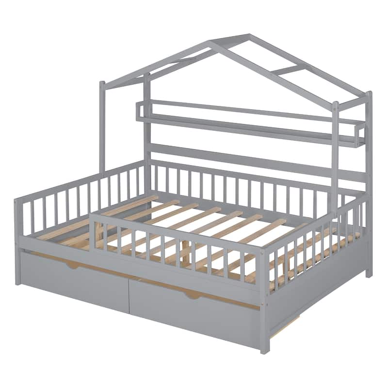Twin/Full Size Kids House Bed with Storage Drawers and Shelf, Wooden Playhouse Bed with Roof Design